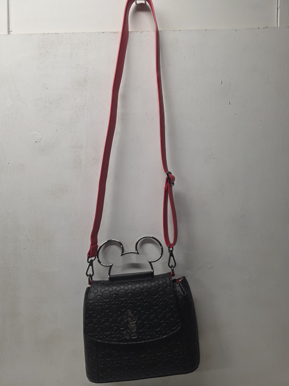 Loungefly Black Embossed Mickey Crossbody with Red Strap - Picture 2 of 9